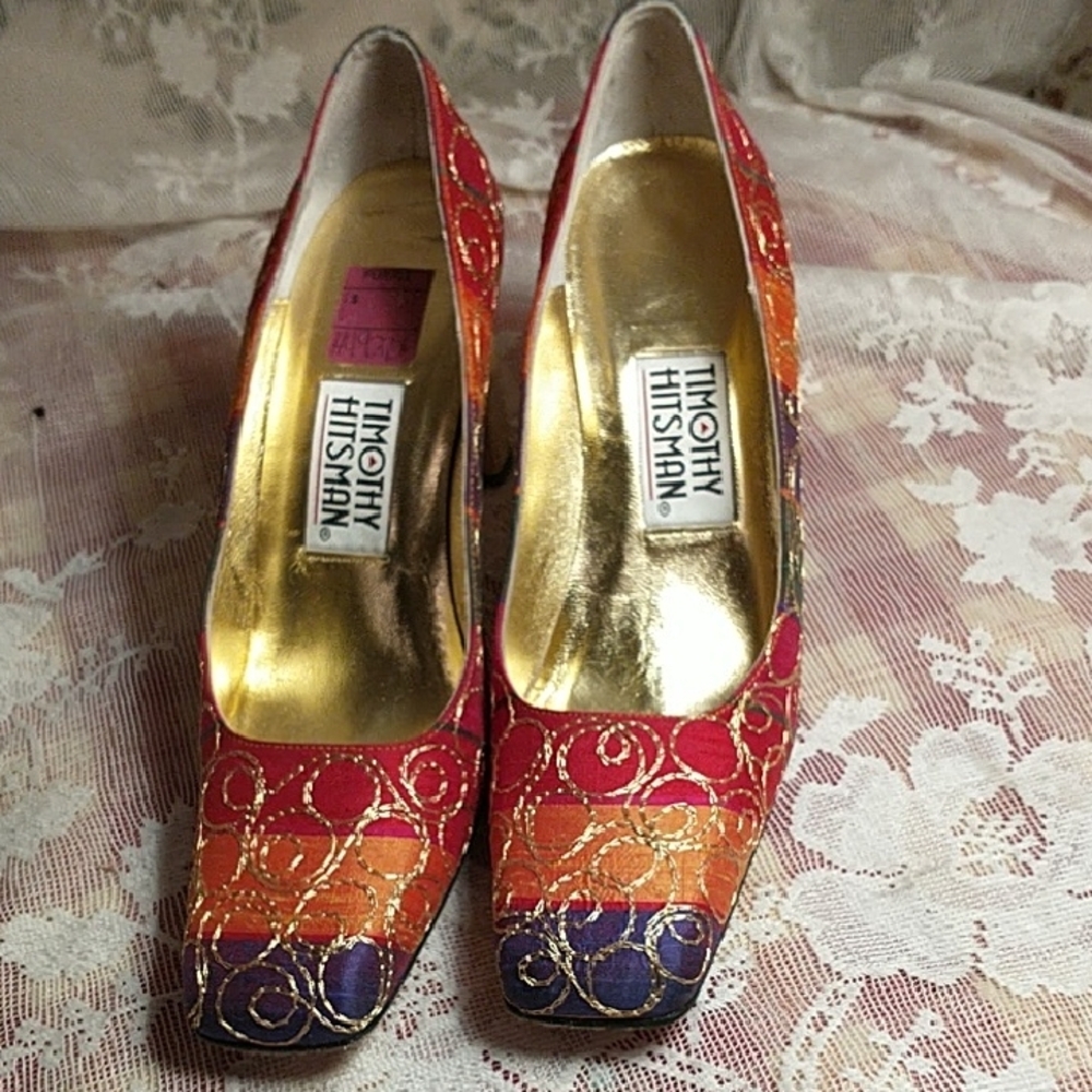 VTG Timothy Hitsman Multicolor Heels Gold Accents sz 7.5 N square heel w cut out